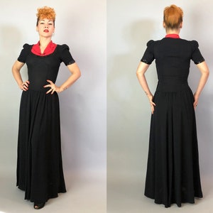 1940s Color Block Cutie Gown Vintage 40s Two Tone Tomato Red and Black Evening Dress with Notched Lapels and Sequin Trim Small image 7