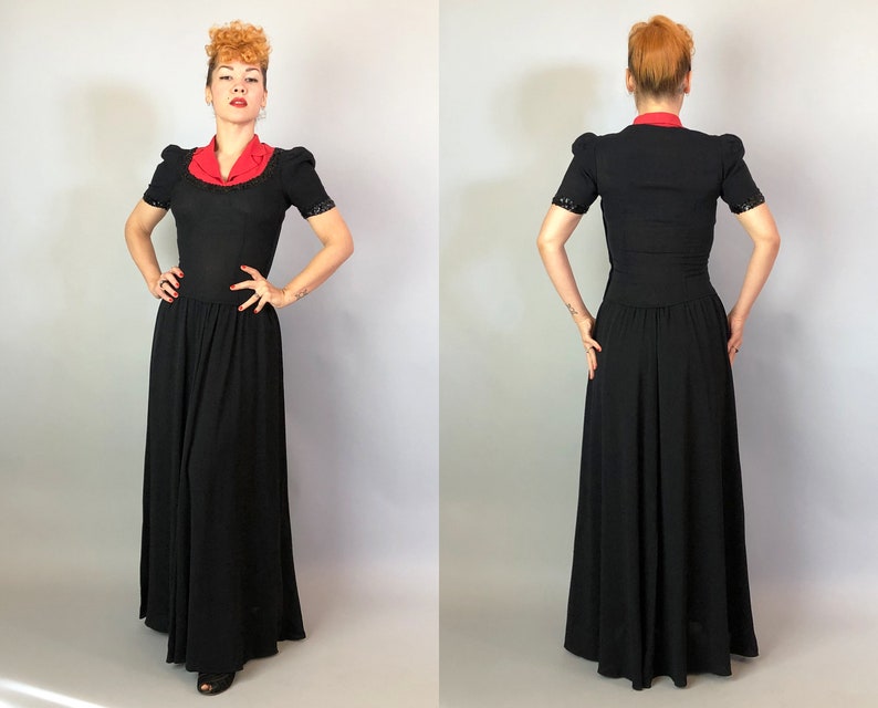 1940s Color Block Cutie Gown Vintage 40s Two Tone Tomato Red and Black Evening Dress with Notched Lapels and Sequin Trim Small image 7