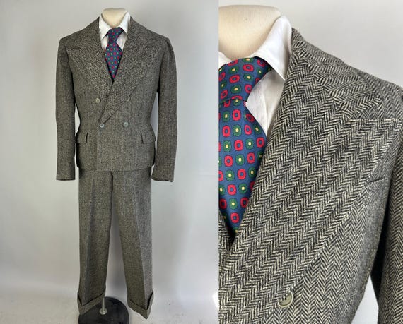1930s Collegiate Sunset Suit | Vintage 30s Herringbone Tweed Wool Two-Piece Peak Lapel Jacket and Oxford Bags Trousers Set | Size 36 Small