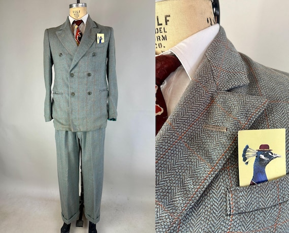 1930s Skipping Stones Suit | Vintage 30s Two-Piece Pebble Blue Grey w/Orange Windowpane Stripe Peak Lapel Jacket & Pants | Size 38/40 Medium