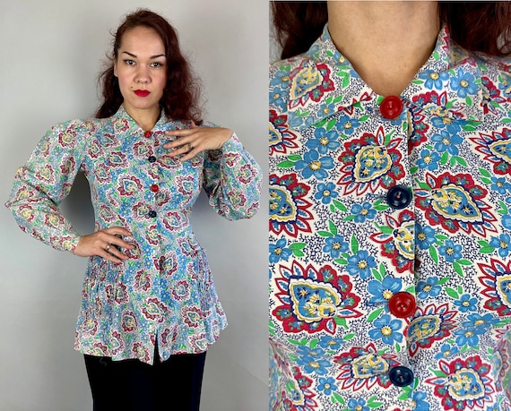 1930s Sensibly Stylish Smock Shirt | Vintage 30s Button Up Floral Paisley Cotton Blouse in Red Blue Green Yellow w/Pockets | Small Medium