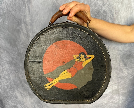 1920s Betty's Beach Bag | Vintage 20s Black Deco Travel Train Case Makeup Box Suitcase Purse with Hand Painted Flapper in Red Blue & Yellow