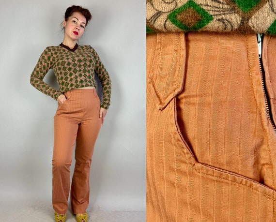 1950s Lady “Lasso” Trousers | Vintage 50s Deadstock Peach Striped Cotton Western Cowgirl Side Zip Slacks Pants w/ Scalloped Pockets | Small