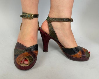 1940s Carmen Miranda Cha Cha Platforms | Vintage 40s Orange Green Red Black Snakeskin Peeptoe High Heel Ankle Strap Shoes | Size US 7.5 8