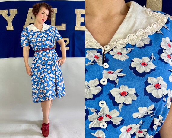 1930s Boutonniere Blossoms Frock | Vintage 30s Blue White and Coral Floral Cotton Faux Button Up Dress with Puff Sleeves | Extra Large XL