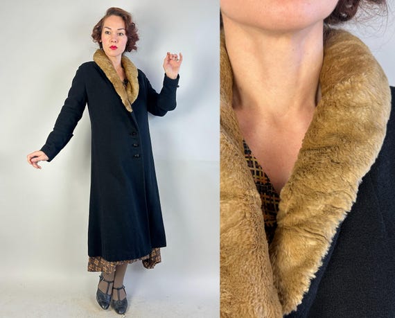 1930s Bundled Betty Overcoat | Vintage 30s Coal Black Fully Lined Wool Coat with Gauntlet Cuffs and Chinchilla Fur Collar | Small