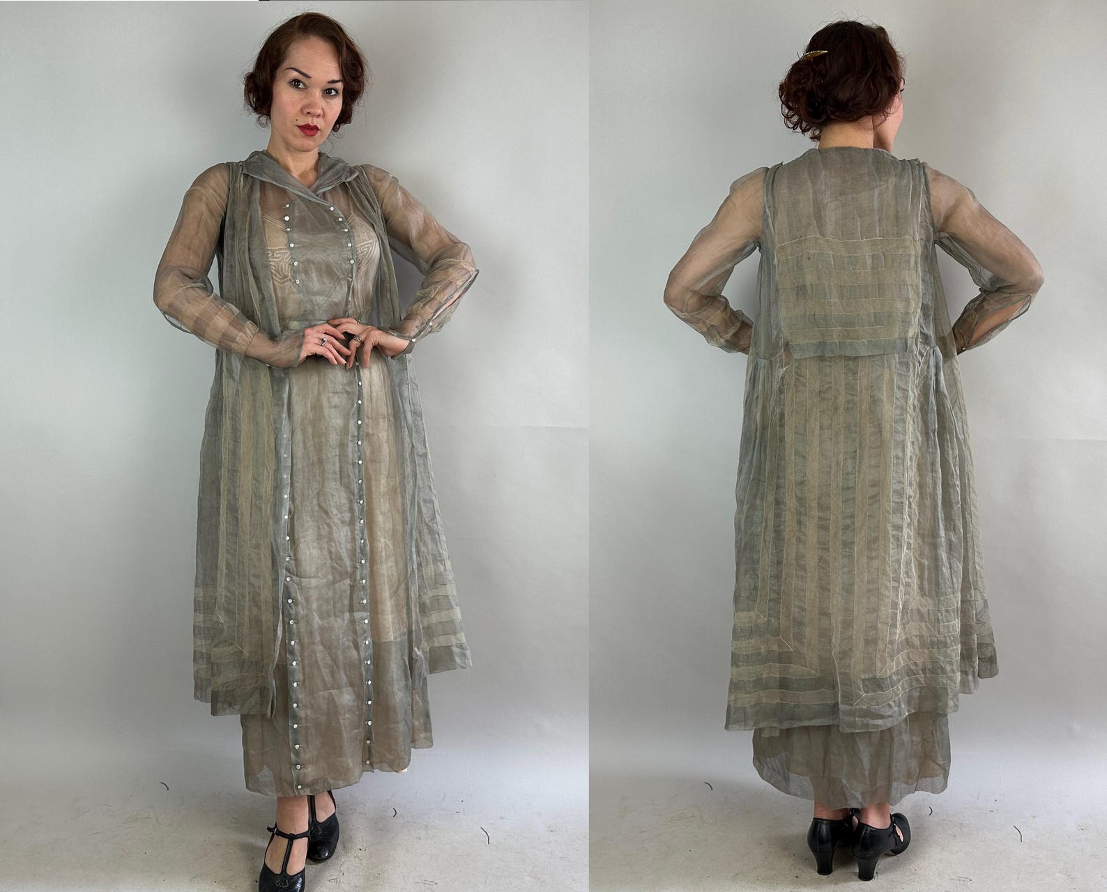 1910s Lithe Lady in Light Dress | Vintage Teens Antique Dove Grey Sheer ...