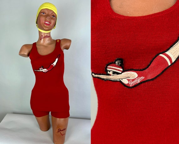 1920s Rare "Janzten" Advertisement Swimsuit | Vintage 20s Scarlet Red Wool Knit One Piece Bathing Suit with Large Diver Patch!| Small Medium
