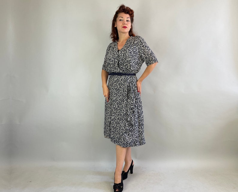 1940s Carla's Curly Q's Dress Vintage 40s Slate Blue and White Rayon Chiffon Faux Wrap Frock w/ Hip Swag & Smocking Large/Extra Large XL image 5