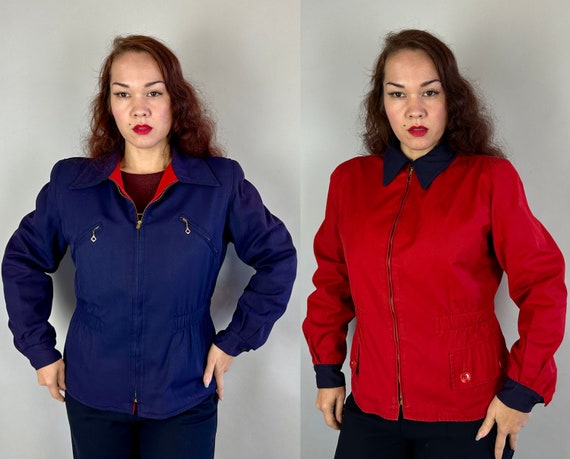 1940s Snow Bunny Reversible Ski Jacket | Vintage 40s Two for One Red and Blue Wool Gabardine Winter Sports Togs w/Diamond Pull Zips | Medium