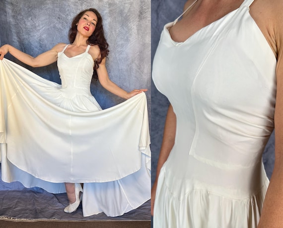 1940s Virginal Vixen Gown | Vintage 40s Snow White Rayon Floor Length Strappy Summer Bride Sun Dress with Ultra Full Skirt | Small