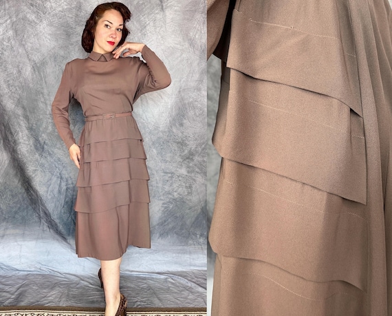 1940s Demure Diana Dress | Vintage 40s Deep Dusty Mauve Rayon Crepe Frock with Tiered Pleated Skirt and Fishtail Back | Extra Large XL