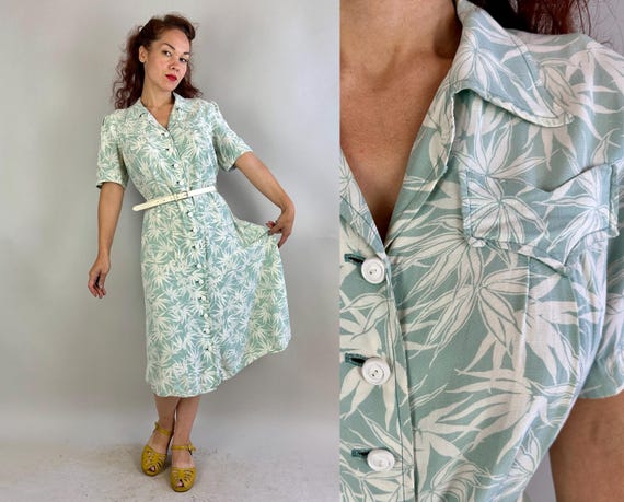 1940s Frolic in the Tropics Frock | Vintage 40s Seafoam Blue and White Palm Leaf Print Rayon Slub Texture Hawaiian Dress | Extra Large XL