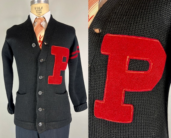 1940s Percival's Prefect Sweater | Vintage 40s Black Wool Knit Collegiate Cardigan with Red Chenille 'P' Patch & Varsity Stripes | Medium