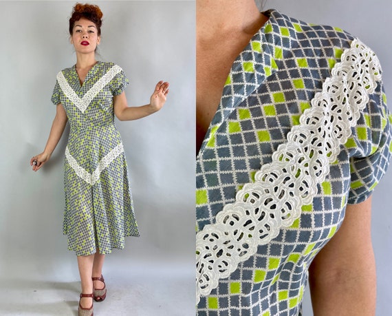 1940s Polly's Postage Stamp Dress | Vintage 40s Semi Sheer Grey White and Chartreuse Checkered Frock w/Chevron Stripe Eyelet Lace | Medium
