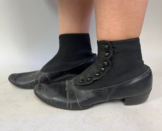 1900s Victorian Button Boots | Vintage Antique Edwardian Black Leather and Canvas “Florsheim” Ankle Shoes | US Size 8 Mens 10 Women