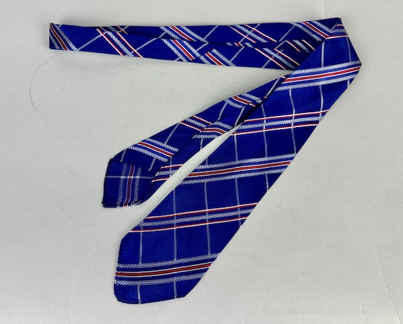 1930s Proud Plaid Necktie | Vintage 30s Blue Red and Icy White Silk Tartan Self Tie Cravat with Chevron Accent Stripe