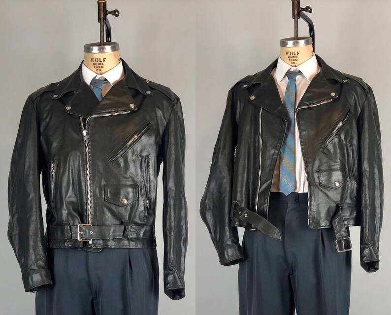 1950s Mens Leather Motorcycle Jacket Vintage 50s Black Biker Image 0