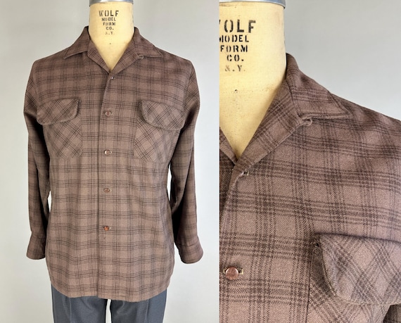 1940s Desert Nights Camp Shirt | Vintage 40s Cedar and Dirt Road Brown Plaid Check Wool Flannel Square Cut Button Up Shirt | Medium