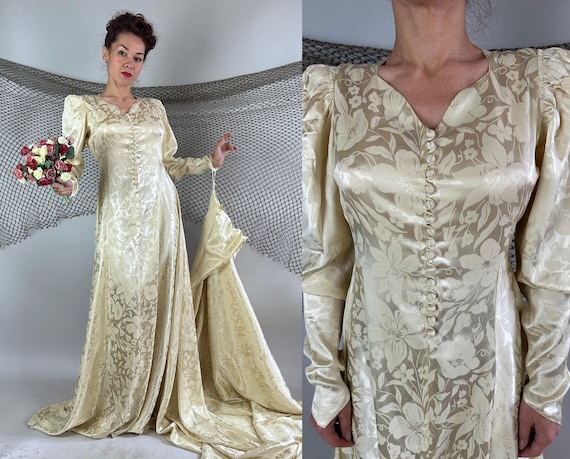 1930s Marriage in Maui Bridal Gown | Vintage 30s Ivory Silk Satin Tropical Flower Pattern Wedding Dress with Extravagant Train | Medium
