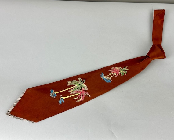 1940s Pretty Palms Necktie | Vintage 40s Brown Ac… - image 1