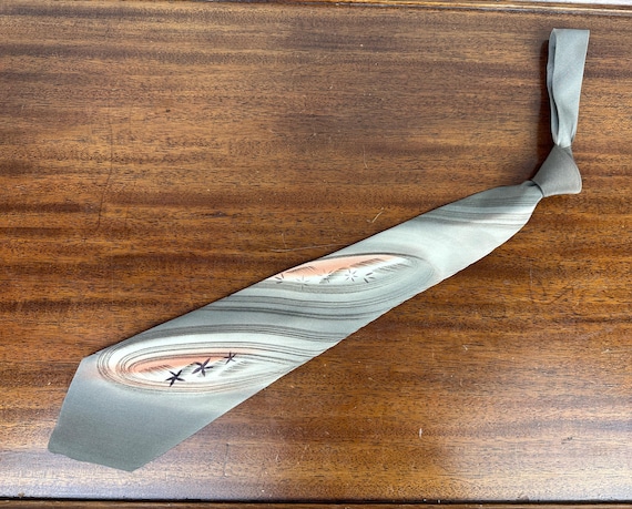 1940s Save Your Sand Dollars Necktie | Vintage 40s Taupe Grey Ivory Pink and Brown Silk Self Tie Cravat with Beach Starfish