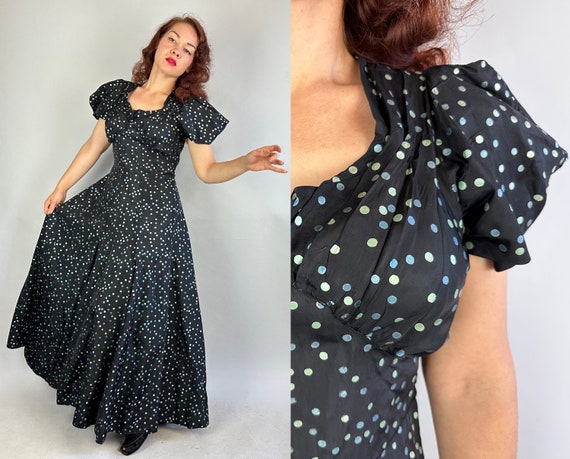 1930s Polkadot Party Dress | Vintage 30s Black Rayon Taffeta Evening Gown LBD with Blue and Green Polka Dots and Pleated Neckline | Medium