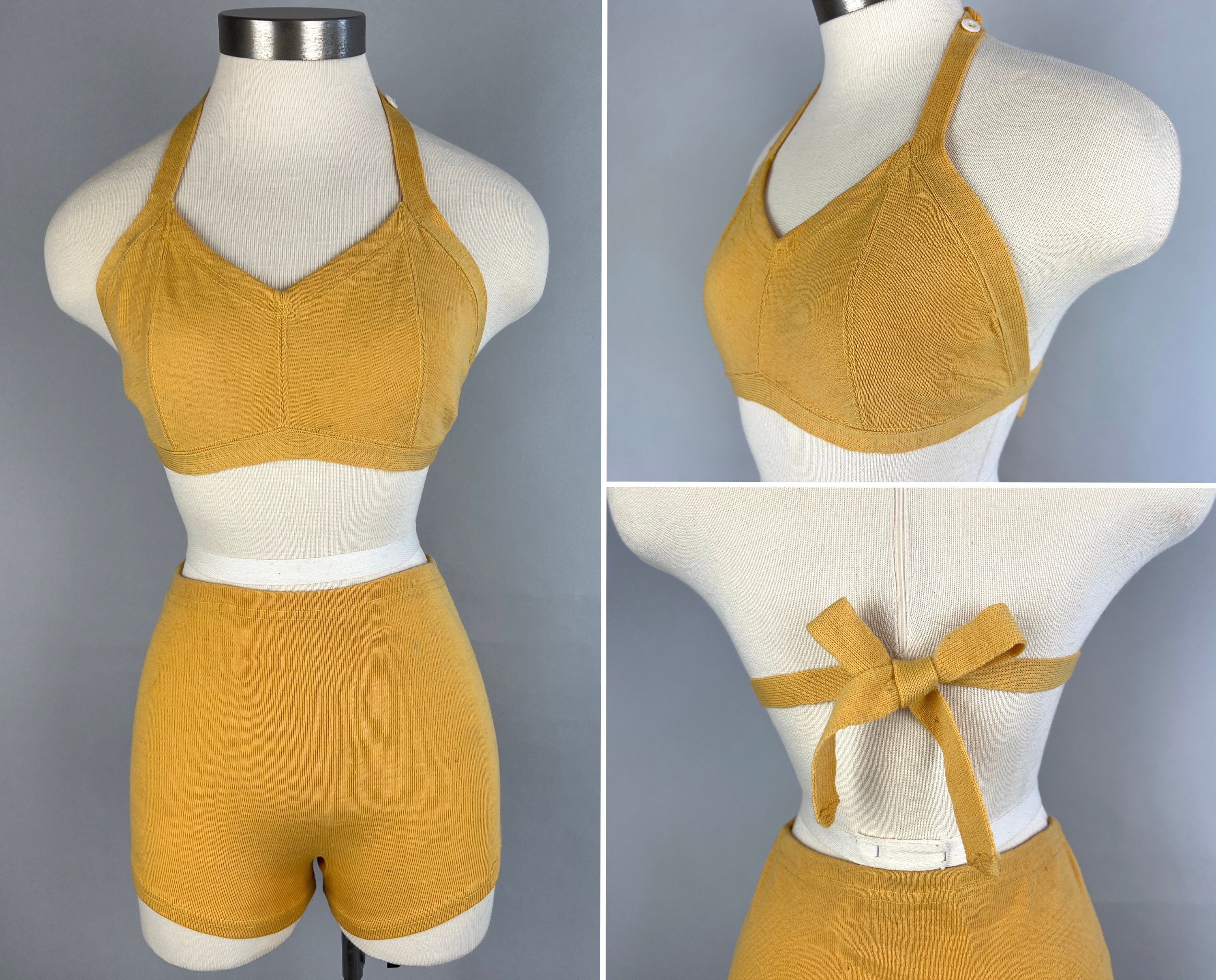 1930s Basking Betty Bikini Vintage 30s Canary Yellow Wool Knit Two