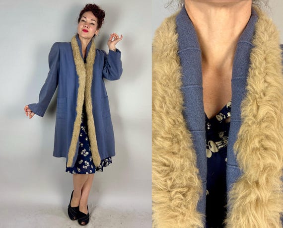 1930s Primmed Pinned and Tucked Overcoat | Vintage 30s Blue Wool Swing Coat with Blonde Fur Trim & Pintuck Stripes | Small Medium Large