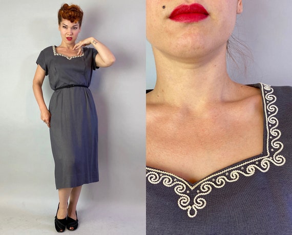 1940s Adorable Alice Day Dress | Vintage 40s Pewter Grey Cotton Linen Frock with White Cord and Rhinestone Trim and Pocket | Extra Large XL
