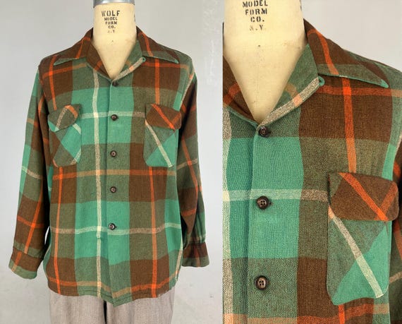 1940s Autumn Arrives Shirt | Vintage 40s Green Brown Orange and Ivory Wool Plaid Camp Button Up with Spear Point Collar | Extra Large XL