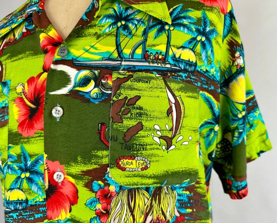 1950s Hawaiian Holiday Shirt | Vintage 50s Green Blue Brown and Coral Rayon Tiki Button Up Top with Tropical Scenes | Extra Large XL View 6