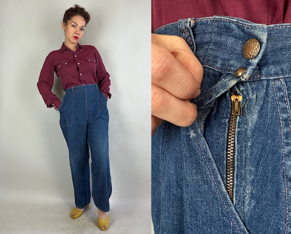 1950s Diggin' It Dungarees | Vintage 50s Classic Blue Denim Jeans Pants w/Orange Top Stitching Large Pockets & Side Zipper | Extra Large XL