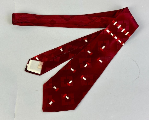 1940s Perplexing Puzzle Necktie | Vintage 40s Geometric Wine Red Silk Self Tie Cravat with White & Crimson Rectangles and Diamond Forms