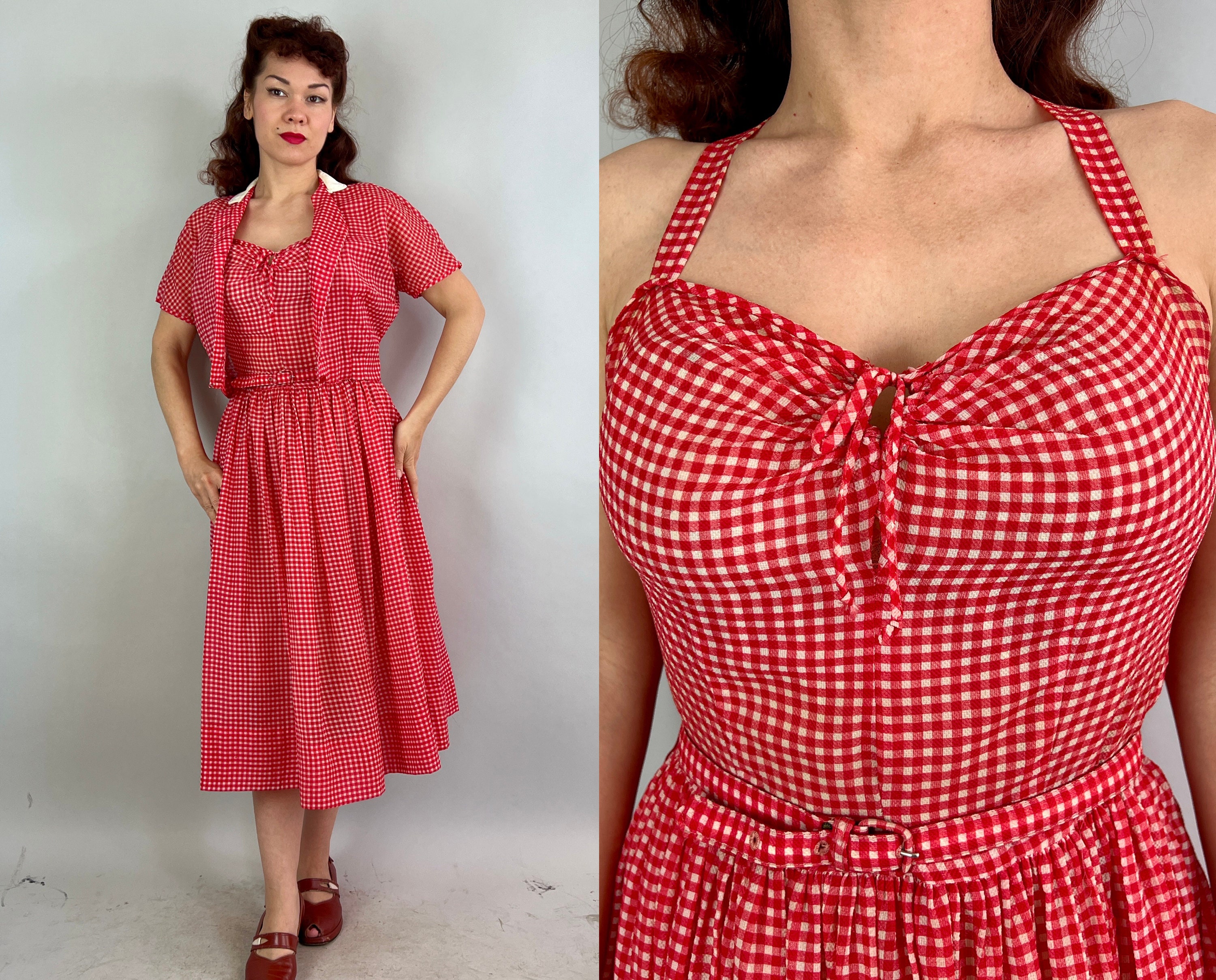 1940s Summer Saunter Dress Set | Vintage 40s Red and White Gingham Semi ...