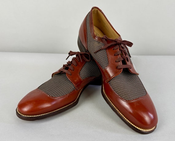 1940s Ventilated Summer Shoes | Vintage 40s Deadstock Cinnamon Brown Leather and White w/Brown Nylon Lace Up Oxfords NOS | Size US 7.5 7&1/2