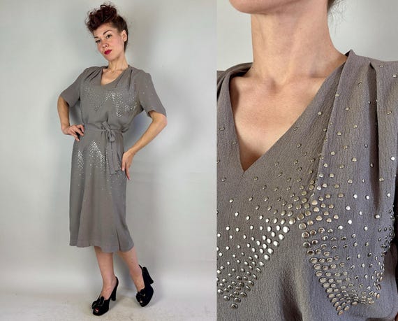 1940s Stun 'Em in Studs Dress | Vintage 40s Grey Rayon Crepe Cocktail Frock with Silver Studded Zig Zag Stripes and Peplum | Extra Large XL