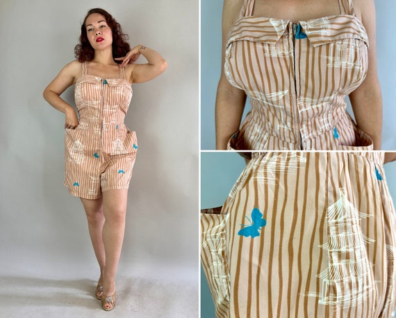 1950s Ready to Play Playsuit | Vintage 50s Pinky Beige Brown Blue and White Cotton Romper with Butterflies and Pagodas | Extra Large XL