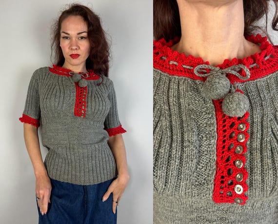 1950s Cozy Cabin Sweater | Vintage 50s Grey Wool Hand Knit Jumper with Red Crochet Trim Silver Buttons and Pom Poms | Medium