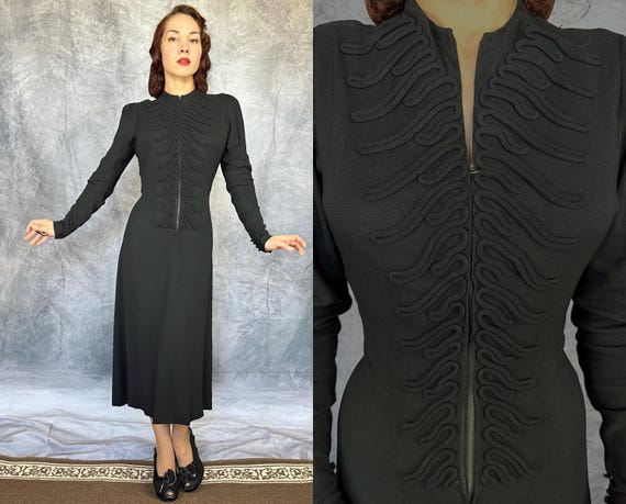 1930s Bare Bones Belladonna Dress | Vintage 30s "FOGA" Black Rayon Crepe Bell Zipper Front LBD with Trapunto Ribs | Large Extra Large XL