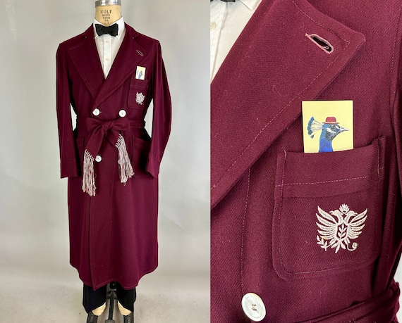 1930s Reginald's Royal Robe | Vintage 30s Burgundy Wool Lounge Jacket w/Double Breasted White Shell Buttons Fringe Belt | Small/Medium/Large