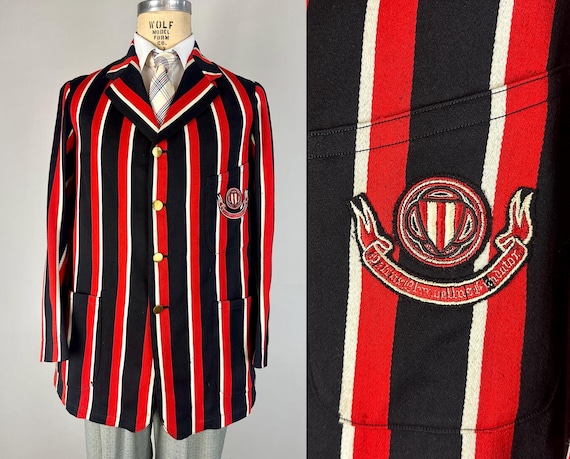1930s Collegiate Cool Blazer | Vintage 30s Wool University Jacket Sports Coat in Red White & Black Stripes and Crest | Size 40 Medium