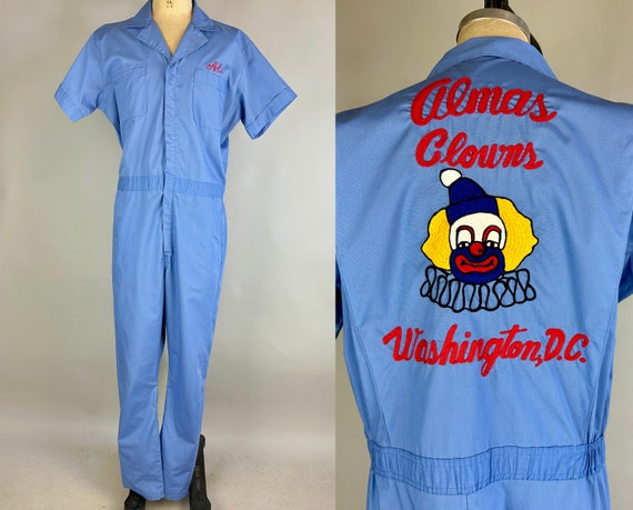 1970s Clowning Around Coveralls | Vintage 70s Blue Workwear Jumpsuit with Circus Clown Chain Stitch Embroidery | Large Extra Large XL