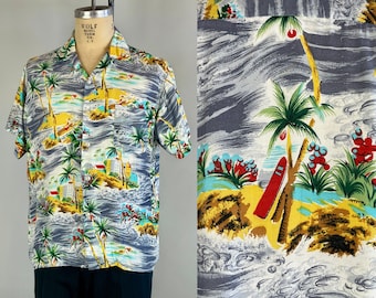 1950s Paradise Island Shirt | Vintage 50s Rayon Hawaiian Top