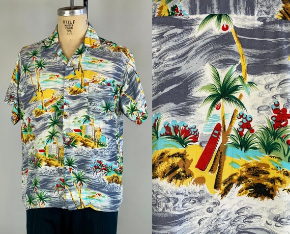 1950s Paradise Island Shirt | Vintage 50s Rayon Hawaiian Top-Loop Tiki Shirt with Novelty Sailor Girls, Surfboards, Palms, Coconuts | Large