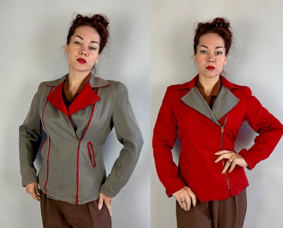 1940s Queen of the Slopes Reversible Ski Jacket | Vintage 40s Two for One Red and Grey Waxed Cotton Winter Sports Togs | Small Medium