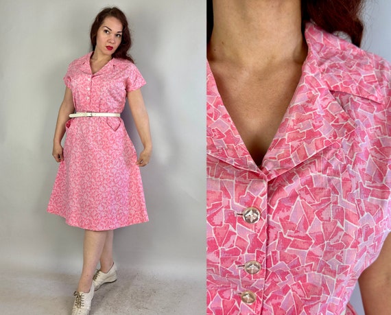 1940s Brunching Betty Dress | Vintage 40s Pink and White Beach Glass Print Cotton Shirtwaist Frock with Pockets | Extra Large XL