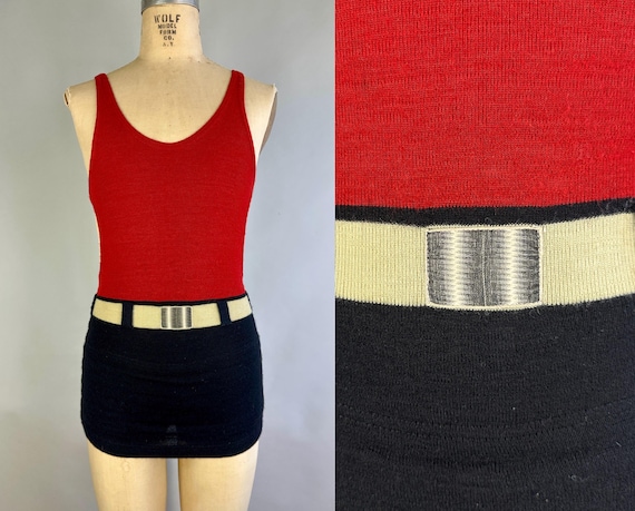 1920s Web Footed Wonder Swimsuit | Vintage 20s Red & Black Wool Knit One Piece Kidney Cutout Bathing Suit with Faux Belt | Small Medium