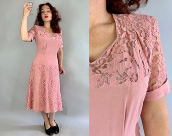 1940s Patty's Pink Party Dress | Vintage 40s Ballet Pink Rayon Crepe and Lace Flames Frock with Sweetheart Neckline and Full Skirt | Large