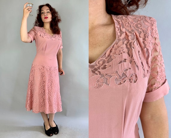 1940s Patty's Pink Party Dress | Vintage 40s Ballet Pink Rayon Crepe and Lace Flames Frock with Sweetheart Neckline and Full Skirt | Large